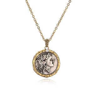 Detail of vintage Roman coin pendant with Athena relief and small pearl accent