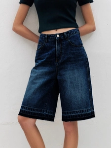 Women Vintage Washed Denim Bermuda Shorts High Waist Loose Fit Frayed Hem Casual Cotton Summer