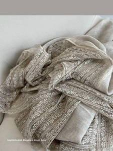 Detailed close-up of linen color scarf featuring intricate lace splicing and fine mesh texture