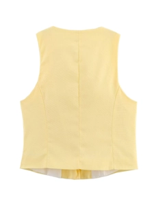 Detailed back view of sleeveless bright yellow blazer vest with clean stitch lines
