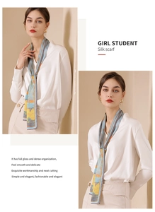 Detail of silk scarf with abstract prints in blue and yellow worn by a model