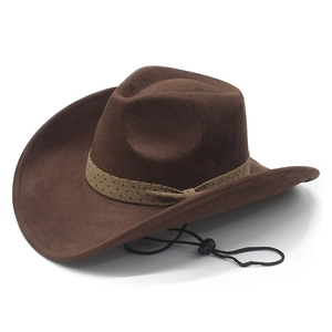 Brown wide brim western cowboy hat in faux suede with adjustable black chin strap
