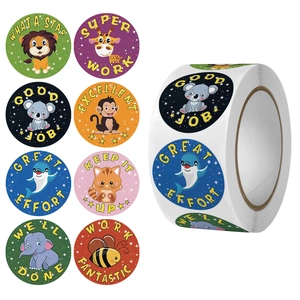 Roll of 8 colorful cartoon animal reward stickers with positive English encouragement words