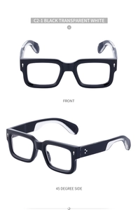 Front and side view of square black and transparent white frame fashion sunglasses
