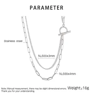 Double-layered stainless steel Cuban chain necklace with OT toggle clasp dimensions