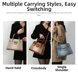Detailed close-up showing beige, brown, and blue handbags with premium crocodile texture
