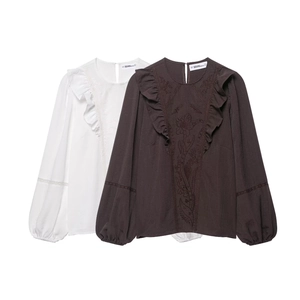 Blouse Femme Manches Longues Broderie Florale Volants Col Rond Manches Lanternes Dentelle Patchwork Top Élégant