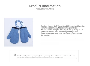 Blue knit toddler mittens with navy cuffs featuring cashmere-like yarn and safety cord