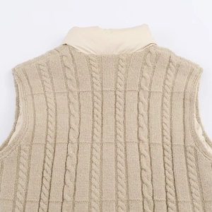 Beige cable knit padded vest with a smooth fabric splice collar for women in autumn