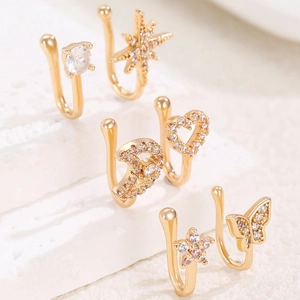 6-piece gold-plated U-shaped faux nose ring set with cubic zirconia heart and butterfly