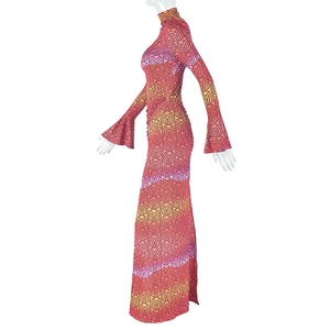 Detail view of the flared sleeve and geometric gradient print on the bodycon dress