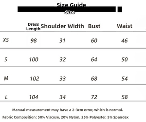 Size guide table for slim fit knit dress showing XS to L measurements and fabric details