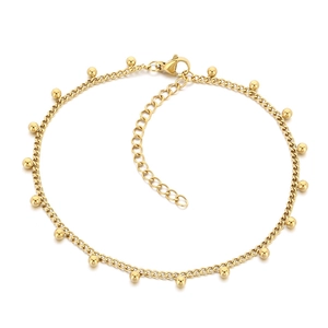 Minimalist gold beaded stainless steel anklet with lobster clasp on white background