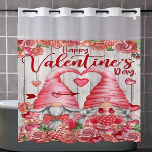 Detail showing Valentine's Day waffle fabric shower curtain with gnomes and roses