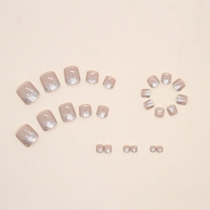 Sparkling pink gradient press-on toenails with glitter tips, complete set of 24 pieces