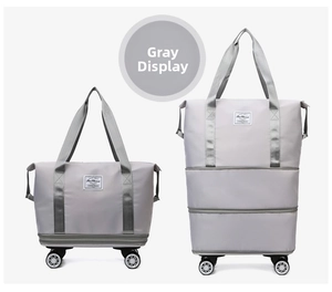 Expandable grey travel bag showing two size options with universal wheels and waterproof fabric
