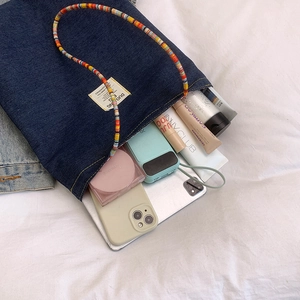 Sac fourre-tout en toile denim bleu foncé avec bandoulière tissée et grande capacité