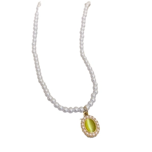 Vintage style butterfly pearl necklace with green cat-eye gemstone gold pendant