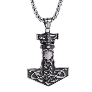 Nordic Viking Mjolnir pendant necklace in vintage stainless steel with intricate carving