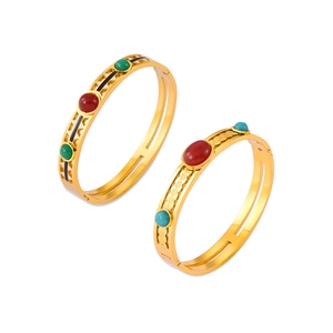 Vintage hollowed-out titanium steel gold plated bracelet with colorful natural stone inlays