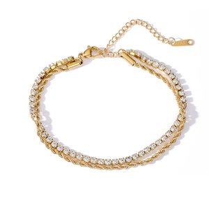 Elegant gold-tone double-layered titanium steel bracelet with white zircon tennis chain link