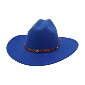Blue felt cowboy hat detail with brown leather band and silver star studs