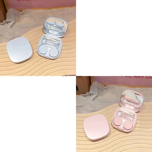 Detail of cute contact lens case kit with mirror, tweezers, and solution bottle