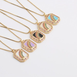 Rainbow Pendant Necklace For Women Copper Gold Plated Colorful Zircon Enamel Geometric Octagon Box Chain Jewelry
