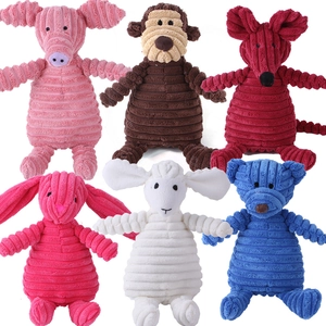 Close-up of corduroy plush pet toys in six animal shapes like pig, monkey and bear