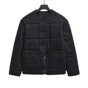 Detailed view of black quilted jacket with round neck and five-button closure design
