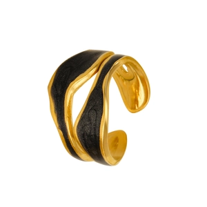 Bague vague à double couche irrégulière or et noir avec taille ajustable ouverte