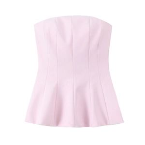 Pink off-the-shoulder tube top with ruffled hem and micro-textured fabric finish