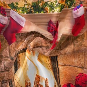 Close-up of bohemian Christmas tapestry fabric showing festive fireplace and wreath patterns