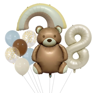 Detail of teddy bear and number 8 foil balloon set with morandi rainbow party decor