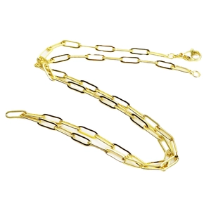 Minimalist golden paperclip chain necklace with lobster clasp on white background