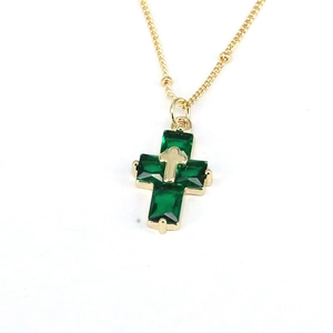 Hip hop style gold chain necklace with double layer green zircon cross pendant for women and men