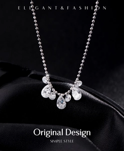 Detailed view of s925 silver necklace with sparkling water-drop cubic zirconia pendants