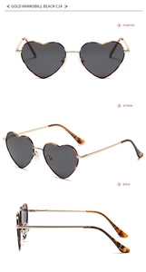 Detailed views of gold heart sunglasses with black lenses and tortoiseshell accents