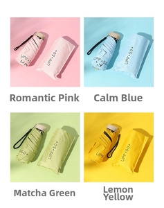 Mini five-fold flat pocket umbrellas in four pastel colors with matching UPF 50+ cases