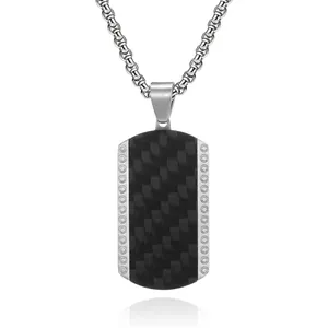 Men Stainless Steel Pendant Necklace Carbon Fiber Inlay Retro Rectangular Dog Tag Jewelry For Cool Masculine Style