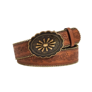 Vintage brown leather belt with floral embossing and bronze oval buckle on white background