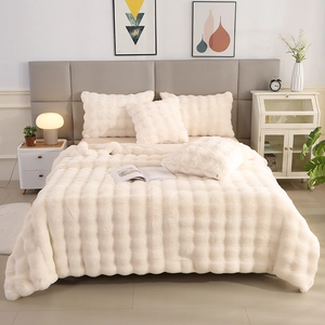 Plush waffle faux rabbit fur bedding set with cream white thick blanket and pillows
