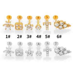 12-piece set of 316L stainless steel labret studs with zircon inlays in gold and silver