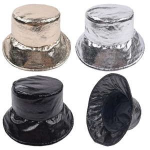 Fashionable shiny metallic bucket hats in gold silver and black colors for parties