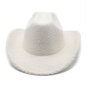 Close-up of white sherpa fleece texture on a vintage western cowboy hat for winter