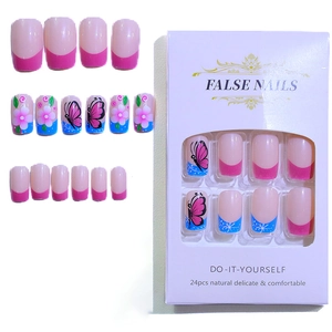 French tip false nails with pink butterfly and floral designs in a 24-piece DIY kit