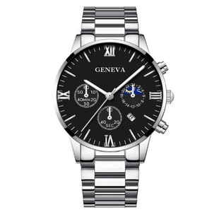 Men's silver stainless steel business watch with black Roman dial and date window