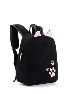Black corduroy toddler backpack with pink cat ears and paw embroidery on white background