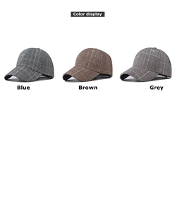 Detailed color display of classic plaid embroidery baseball caps in blue, brown, and grey