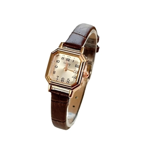 Women's minimalist square watch with brown leather strap and rose gold dial shown at 45-degree angle